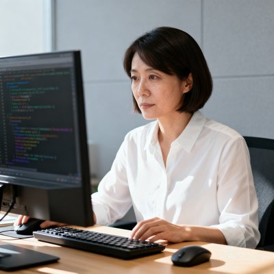 6686体育联合创始人兼CTO林若溪，一位干练的35岁女性工程师，短发齐耳，穿着简约的白色衬衫，在电脑前调试代码，眼神专注。